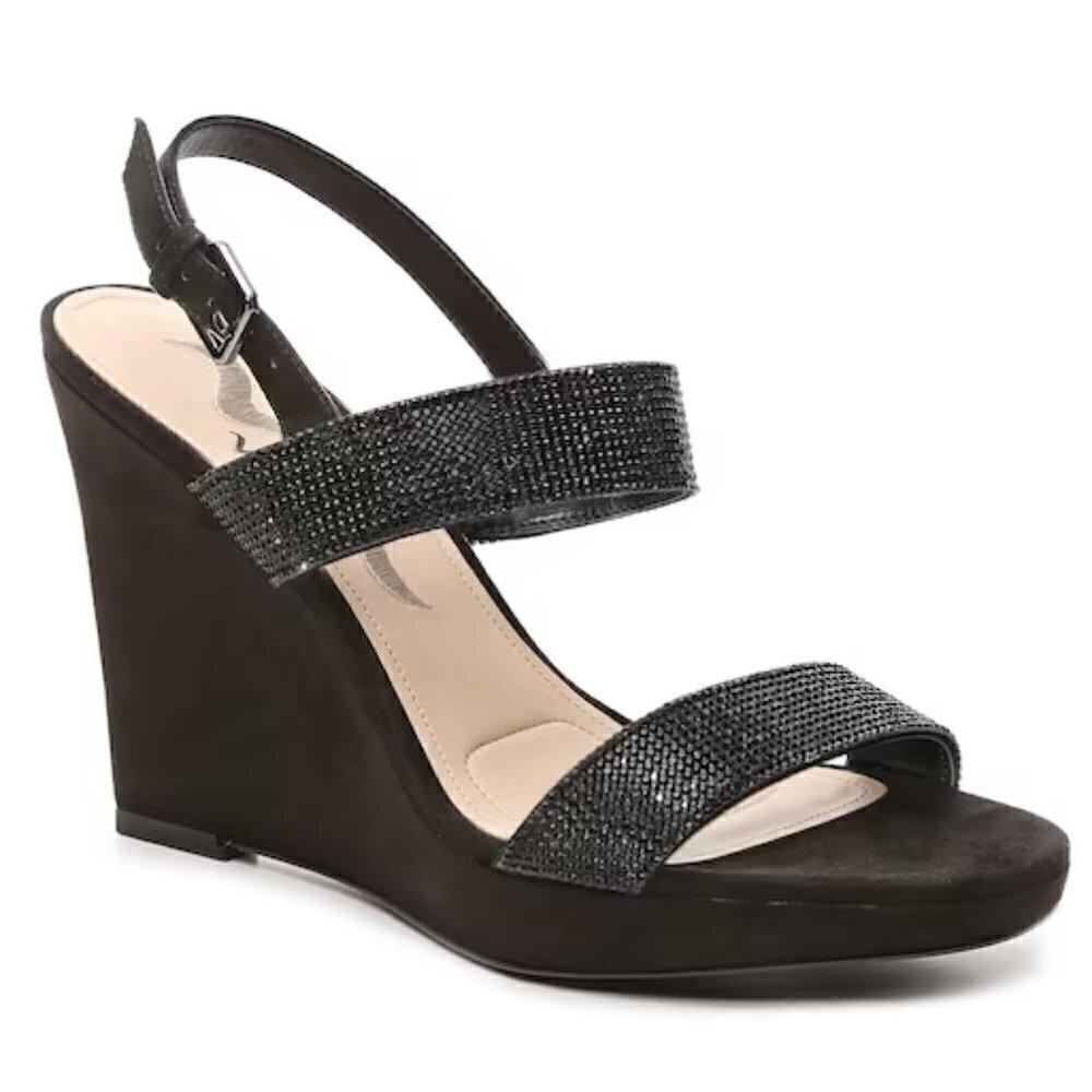 Nina Adila Black Wedge Rhinestone Slingback Open Toe Sandal Women's Size 9M